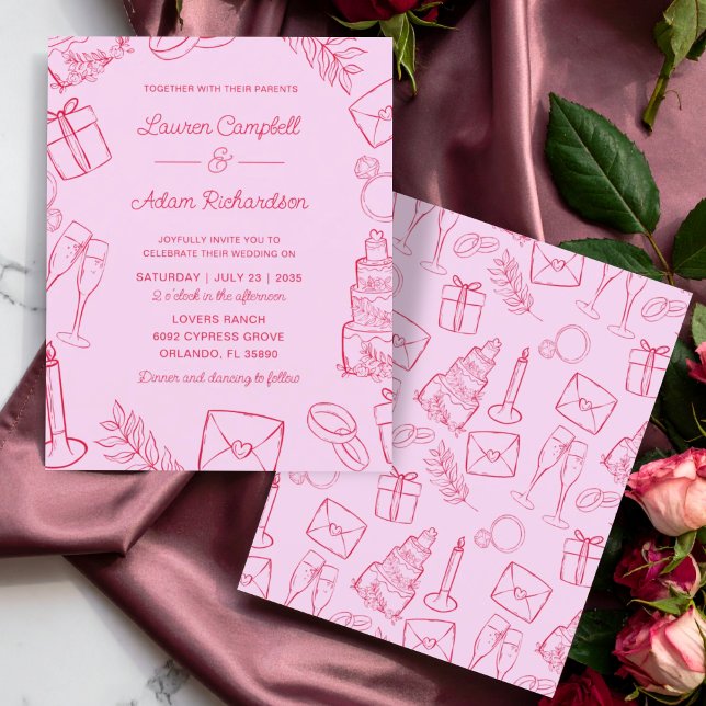 Budget Pink & Red Hand-Drawn Wedding (Criador carregado)