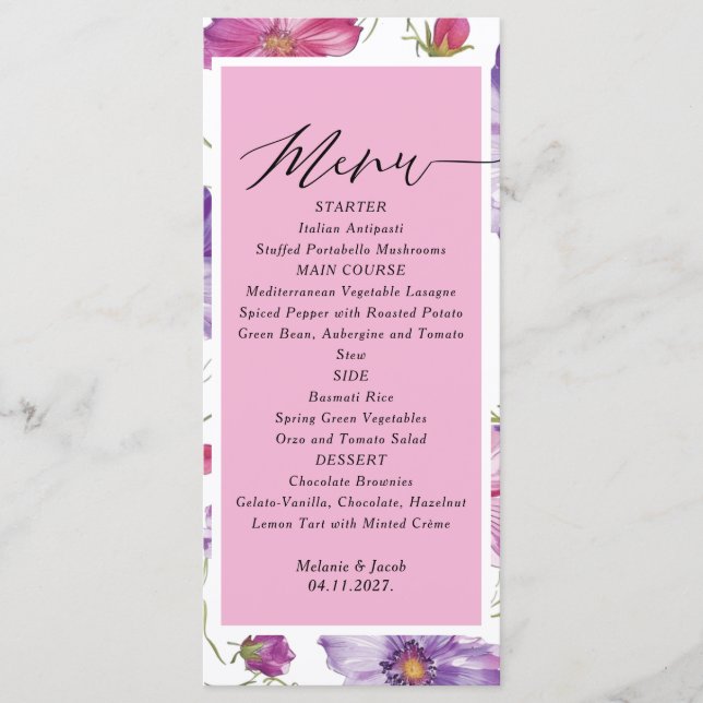 Budget Purple and Pink Floral Wedding  Menu (Frente)