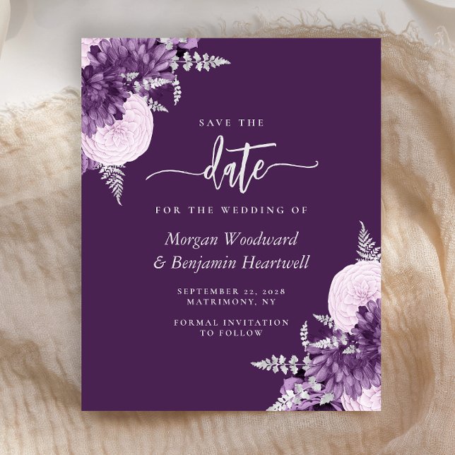 Budget Purple Lilac Silver Floral Save the Date (Criador carregado)
