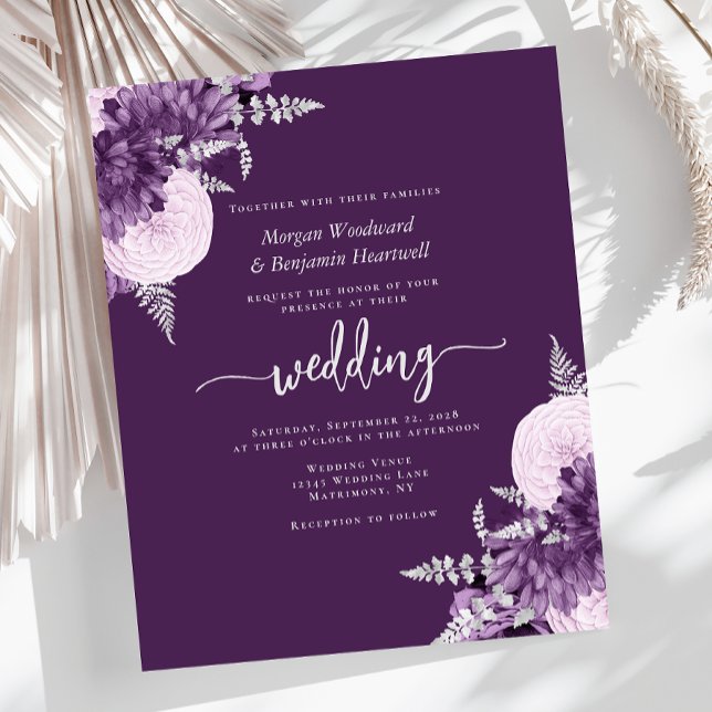 Budget Purple Lilac Silver Floral Wedding Invite (Criador carregado)
