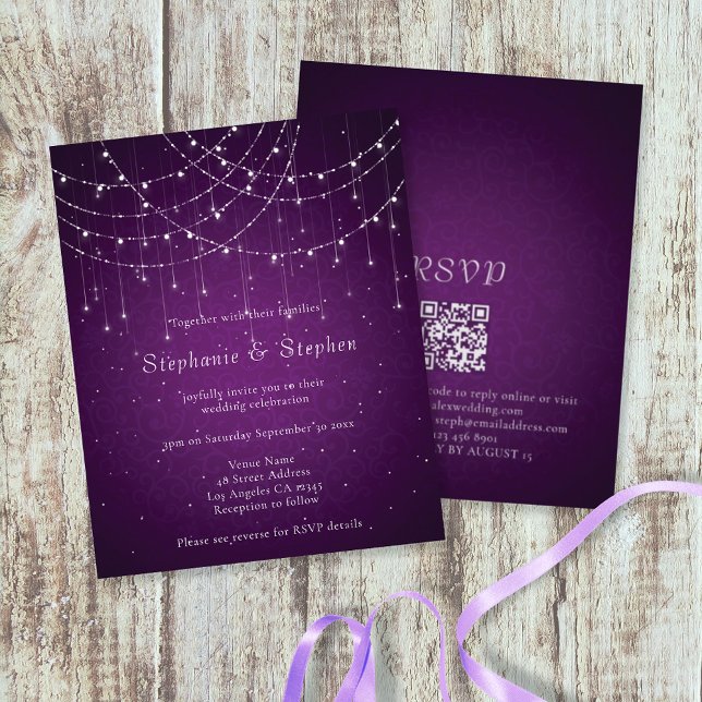 Budget Purple String Lights QR Code Wedding Invite (Criador carregado)