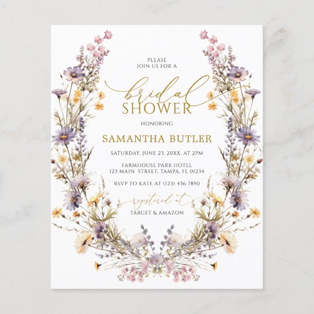 Budget Purple Wildflowers Bridal Shower Invitation (Frente)