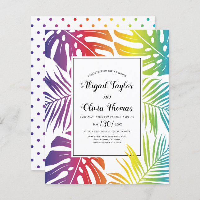 BUDGET Rainbow gay convite para casamento lésbica (Frente/Verso)