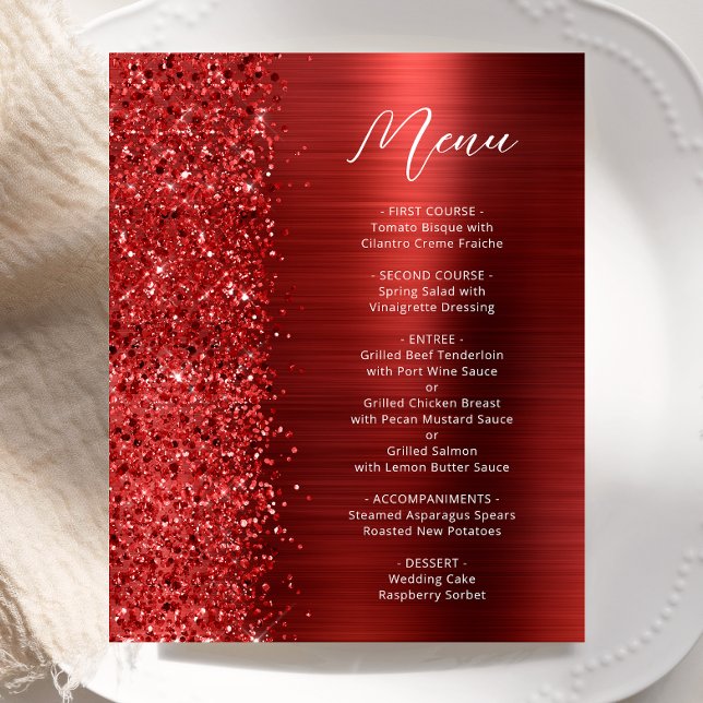 Budget Red Glam Glitter Script Wedding Menu (Criador carregado)