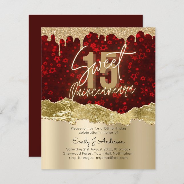 BUDGET Red Gold Foil Glitter Quinceanera 15 (Frente/Verso)