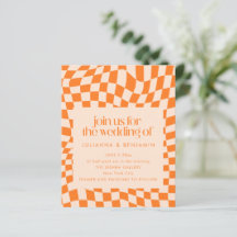Budget Retro Orange Check Wedding QR Code Invite