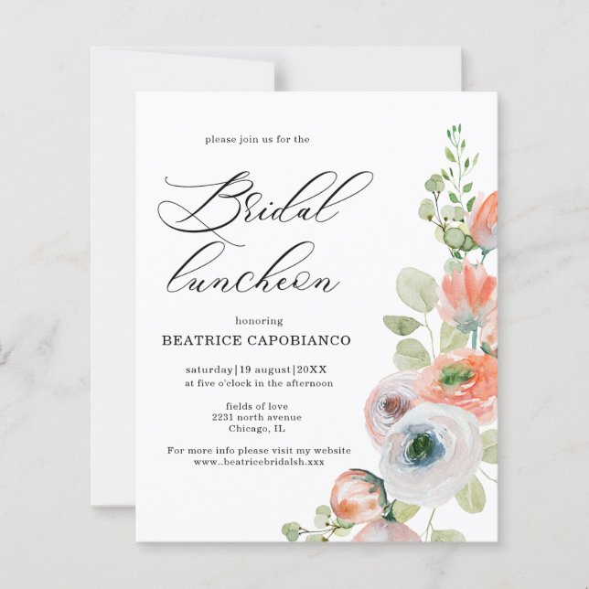 Budget  Romantic Coral Floral Bridal Luncheon Card (Frente)