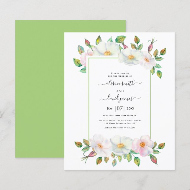 BUDGET rosa floral convite para casamento verde fl (Frente/Verso)