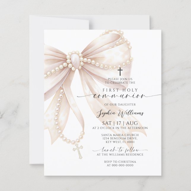 Budget Rosary Bow First Holy Communion Invitation (Frente)
