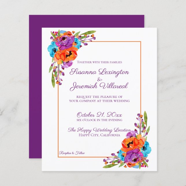 BUDGET Roxo Laranja Floral Casamento de Aquarela (Frente/Verso)