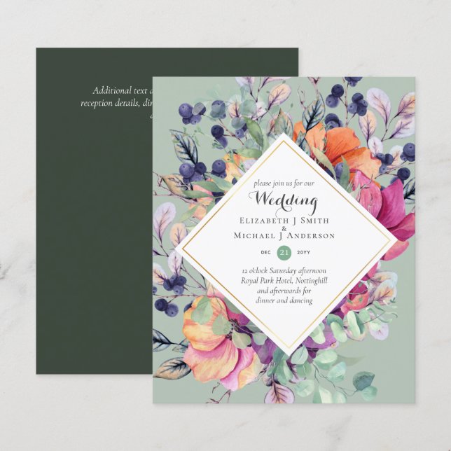 BUDGET Roxo Laranja Floral Convites (Frente/Verso)