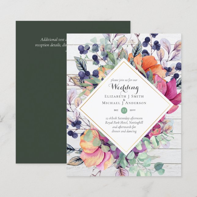 BUDGET Roxo Laranja Floral Convites (Frente/Verso)