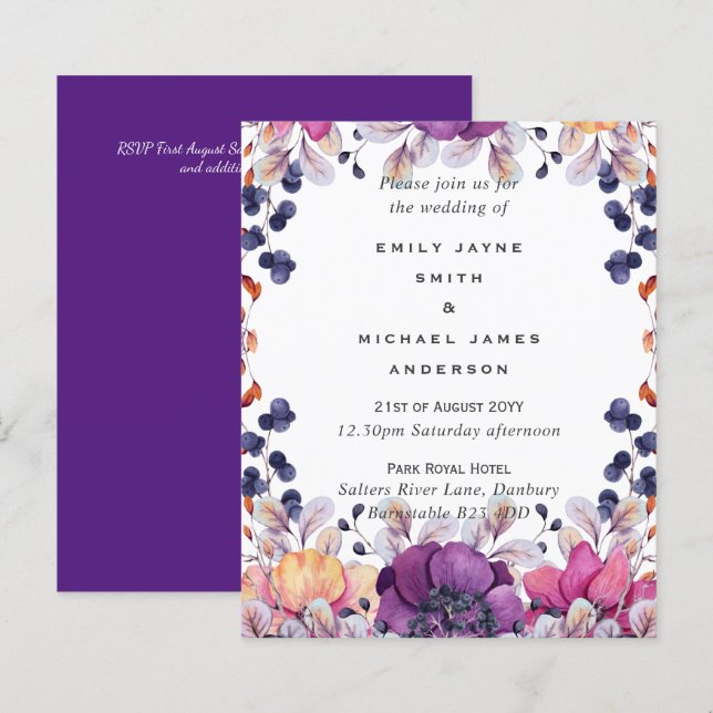 BUDGET Roxo Laranja Sujo até Convite de casamento (Frente/Verso)