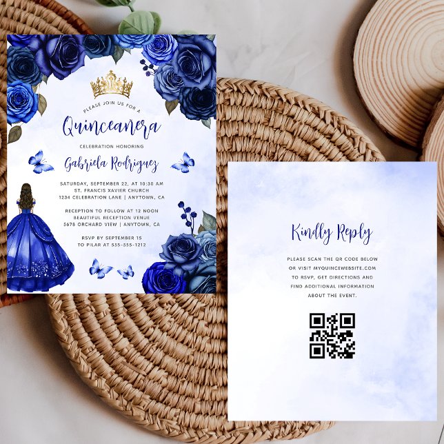 Budget Royal Blue Floral QR Code Quinceañera (Criador carregado)