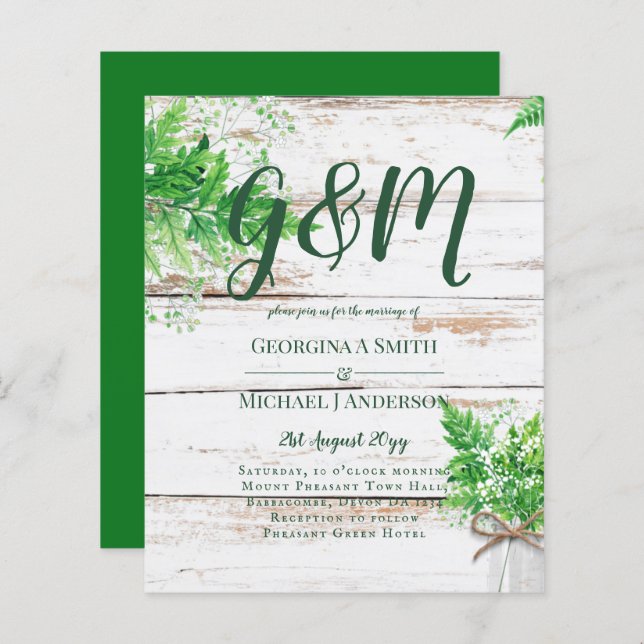 BUDGET Rustic Ferns Greenery Convite de casamento (Frente/Verso)