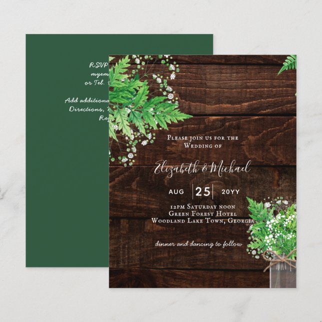 BUDGET Rustic Ferns Greenery Convite de casamento (Frente/Verso)