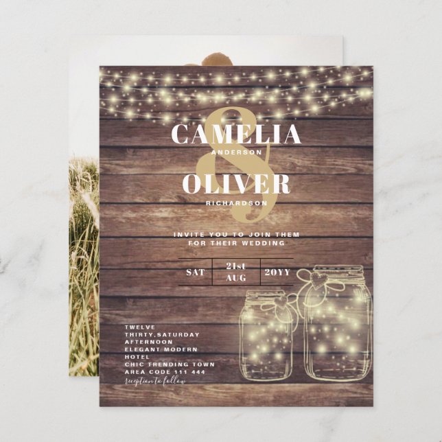 BUDGET Rustic Mason Jar Luz Madeira CASAMENTO (Frente/Verso)