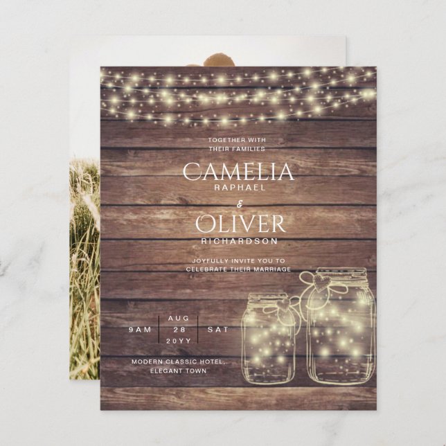 BUDGET Rustic Mason Jar Luz Madeira CASAMENTO (Frente/Verso)