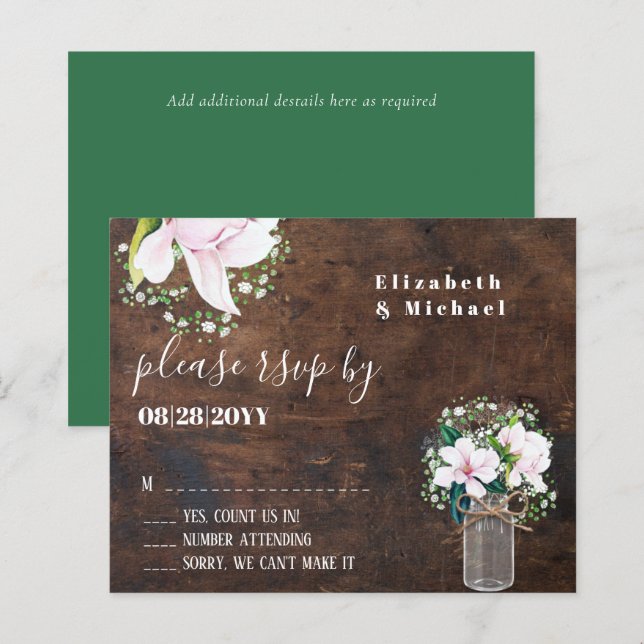 BUDGET Rustic Pink Magnolias Casamento RSVP (Frente/Verso)