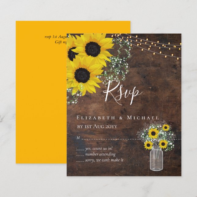 BUDGET Rustic Sunflower RSVP Casamento (Frente/Verso)