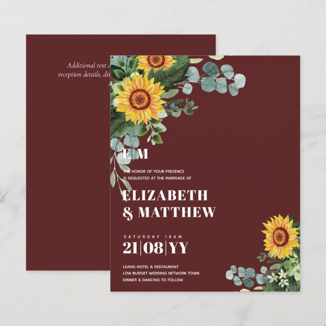 BUDGET Rustic Sunflower Texto Moderno Casamento (Frente/Verso)