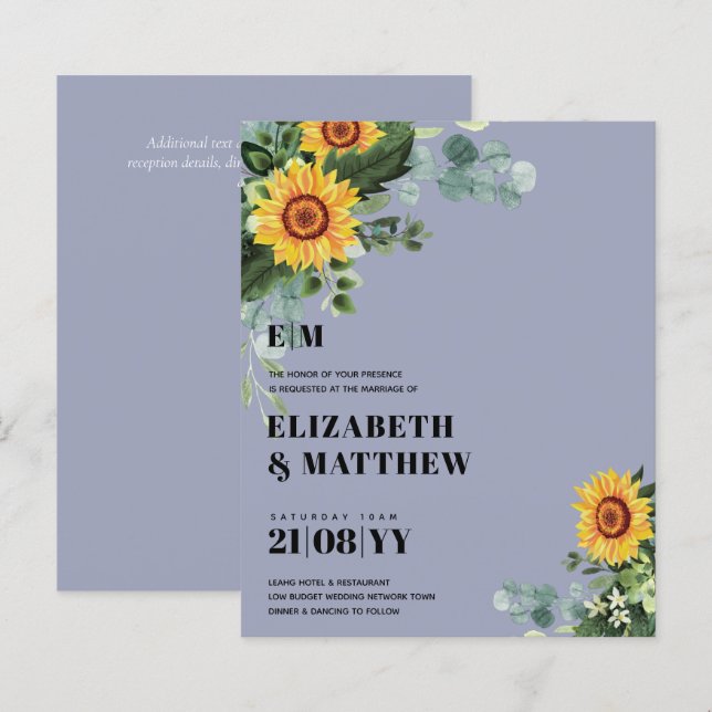 BUDGET Rustic Sunflower Texto Moderno Casamento (Frente/Verso)