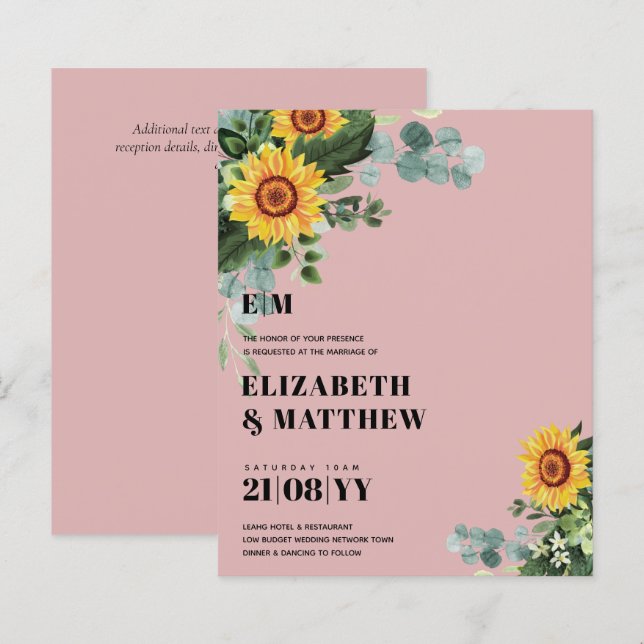 BUDGET Rustic Sunflower Texto Moderno Casamento (Frente/Verso)