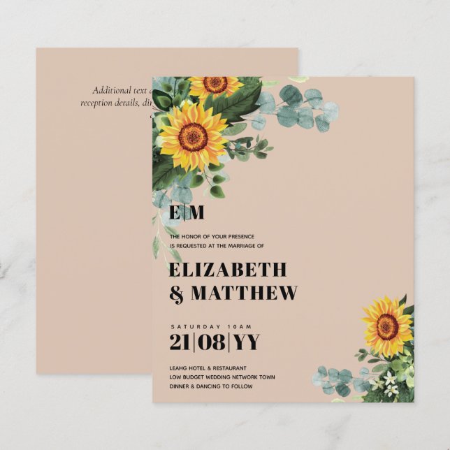 BUDGET Rustic Sunflower Texto Moderno Casamento (Frente/Verso)