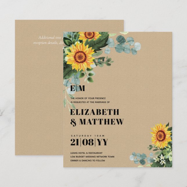 BUDGET Rustic Sunflower Texto Moderno Casamento (Frente/Verso)
