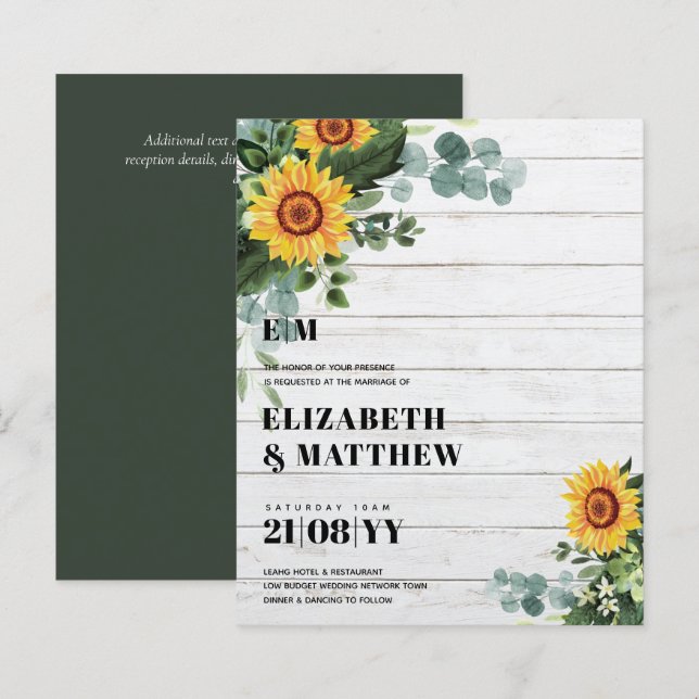 BUDGET Rustic Sunflower Texto Moderno Casamento (Frente/Verso)