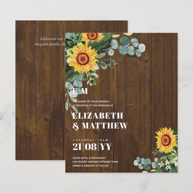 BUDGET Rustic Sunflower Texto Moderno Casamento (Frente/Verso)