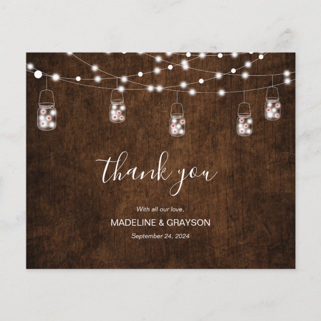 BUDGET Rustic Wood String Lights Corações Obrigado (Frente)