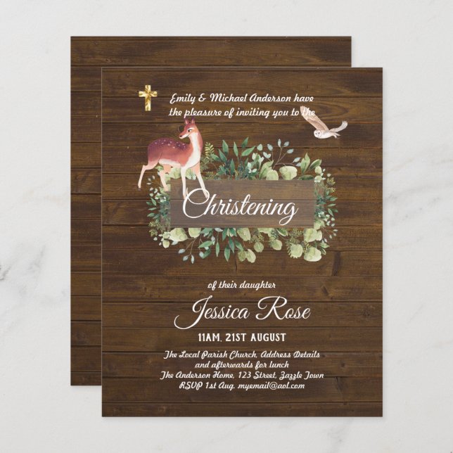 BUDGET Rustic Woodland Christening Convite Baptism (Frente/Verso)