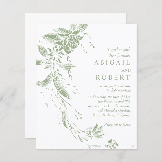 BUDGET Sage convite para o casamento floral verde (Frente/Verso)