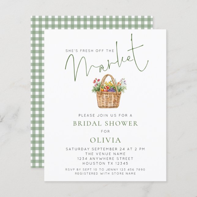 Budget Sage Gingham She’s off Market Bridal Shower (Frente/Verso)