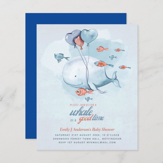BUDGET Sea Life Whale Boys Blue Convite (Frente/Verso)
