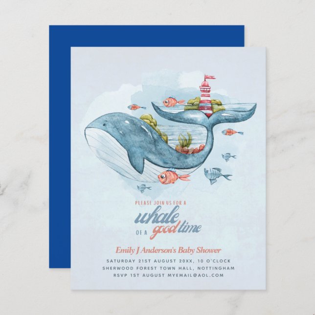 BUDGET Sea Life Whale Boys Blue Convite (Frente/Verso)