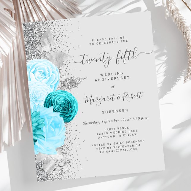 Budget Silver Teal Floral 25th Anniversary Party (Criador carregado)
