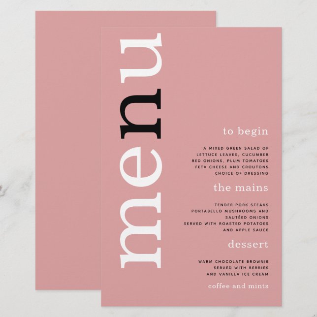 BUDGET Simple Dusty Rosa Typografia Menu Casamento (Frente/Verso)