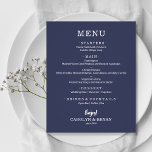 Budget Simple Elegant Sapphire Blue Wedding Menu<br><div class="desc">A small affordable, value paper sapphire blue dinner menu card with your food choices in chic white lettering is perfect for a modern wedding reception, wedding rehearsal dinner, anniversary party, or any special event with a sit-down dinner. *Measures 4.5" x 5.6" (or choose from 2 other sizes) printed on 110...</div>