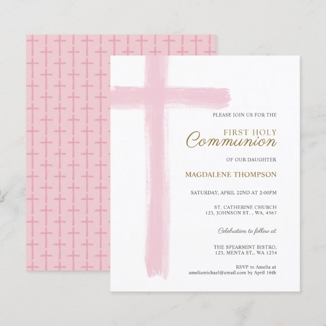 Budget Simple Pink Cross Girl First Holy Communion (Frente/Verso)