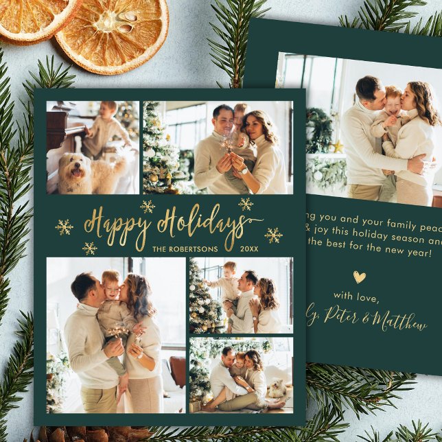 Budget Snowflake Green Gold 5 Photo Collage Card (Criador carregado)