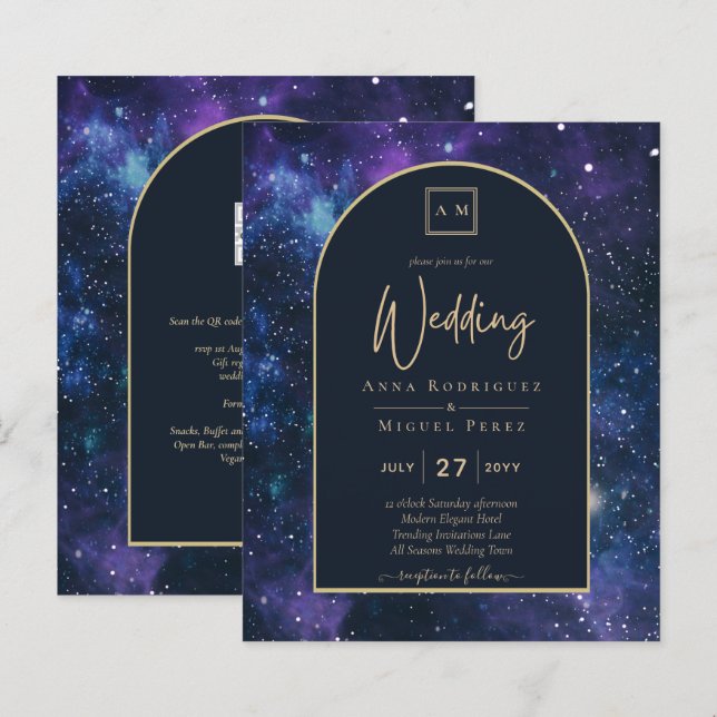 BUDGET Starry Night Purple Blue Convite de casamen (Frente/Verso)