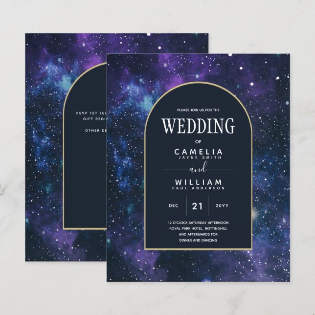 BUDGET Starry Night Purple Blue Convite de casamen (Frente/Verso)