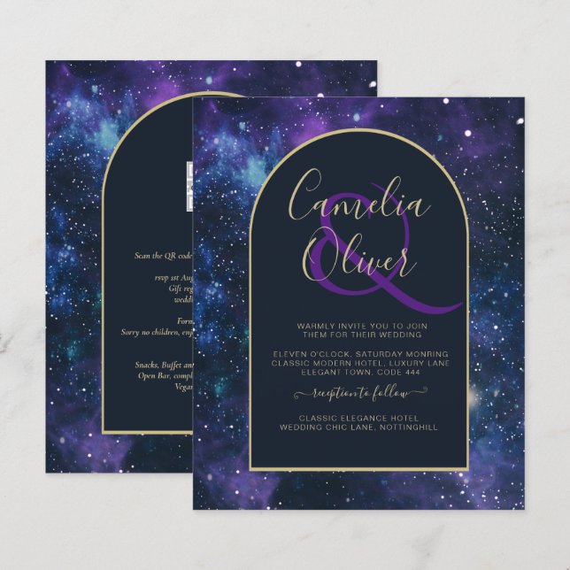 BUDGET Starry Night Purple Blue Convite de casamen (Frente/Verso)