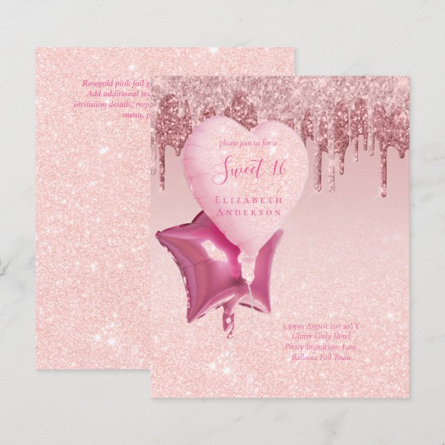 BUDGET Sweet16 Glitter Glamor Girly Balloons Invit (Frente/Verso)