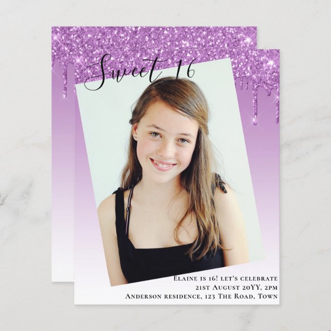 BUDGET Sweet 16 PHOTO Driping Glitter Convite (Frente/Verso)