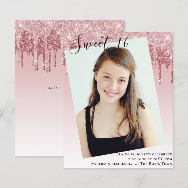 BUDGET Sweet 16 PHOTO Driping Glitter Convite (Frente/Verso)