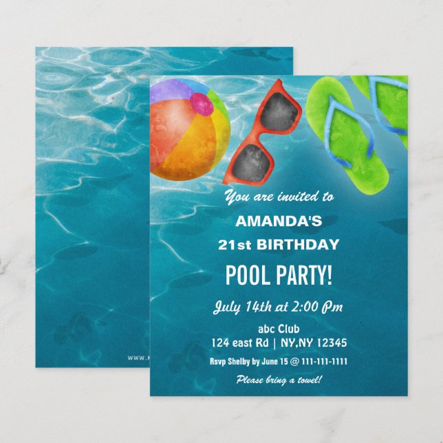 Budget Swimming Pool Party Birthday Invitation (Frente/Verso)