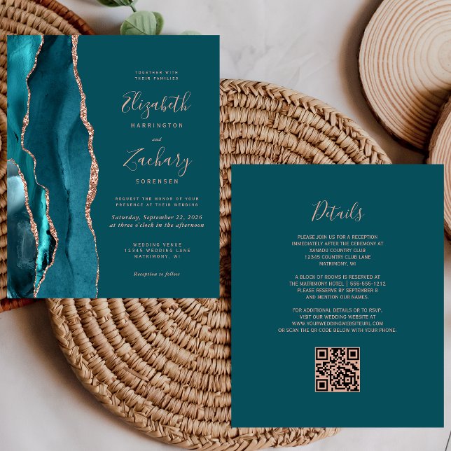 Budget Teal Agate Rose Gold QR Code Wedding Invite (Criador carregado)